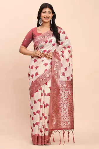 Elegant off-white maroon linen cotton saree with zari woven border and pallu soft saree for daily festive office wear