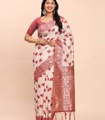 Elegant off-white maroon linen cotton saree with zari woven border and pallu soft saree for daily festive office wear