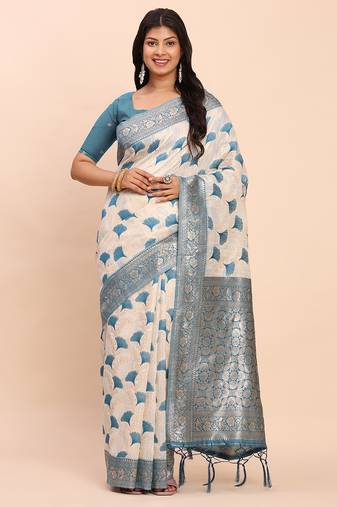 off-white sky blue linen cotton saree with zari woven border