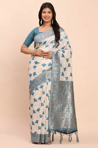 off-white sky blue linen cotton saree with zari woven border