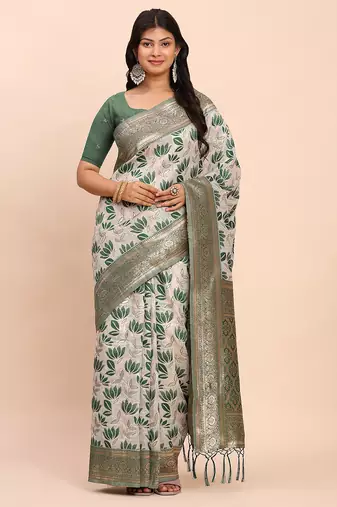 off-white green linen cotton saree with zari woven border