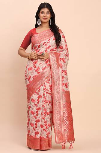off-white red linen cotton saree with zari woven border