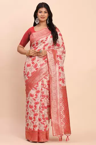 off-white red linen cotton saree with zari woven border