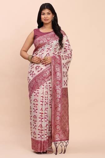 off-white purple linen cotton saree with zari woven border