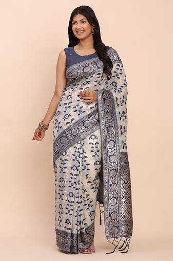 off-white navy blue linen cotton saree with zari woven border