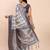 off-white navy blue linen cotton saree with zari woven border