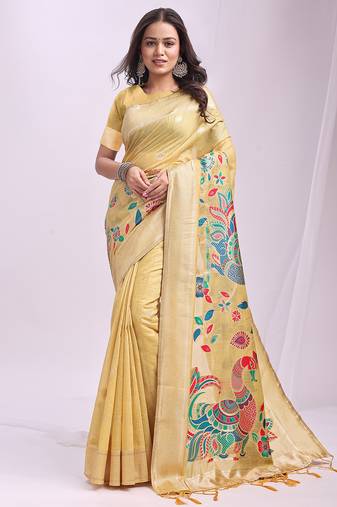 Yellow linen cotton saree with peacock pallu zari border