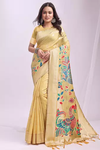 Yellow linen cotton saree with peacock pallu zari border