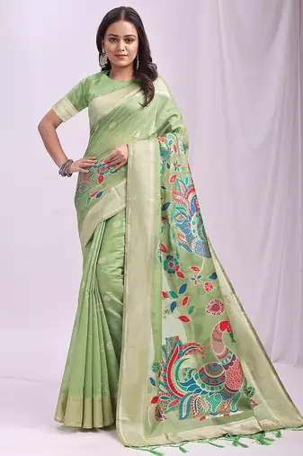 Light green linen cotton saree with peacock pallu zari border