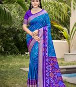 blue violet pochampalli silk blend saree with ikat woven pallu