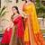 yellow red pochampalli silk blend saree with ikat woven pallu