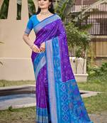 violet sky blue pochampalli silk blend saree with ikat woven pallu