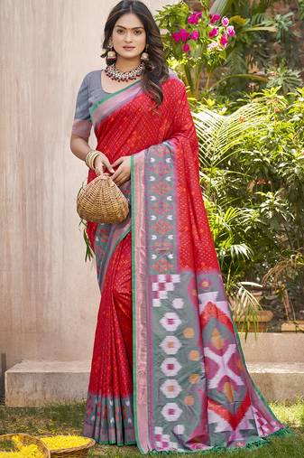 Royal red grey pochampalli soft silk saree with traditional ikat woven pallu perfect for festive sari wedding sari