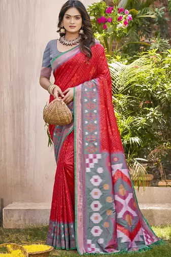 Royal red grey pochampalli soft silk saree with traditional ikat woven pallu perfect for festive sari wedding sari