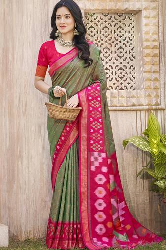 Mehendi green red pochampalli silk blend saree with ikat woven pallu