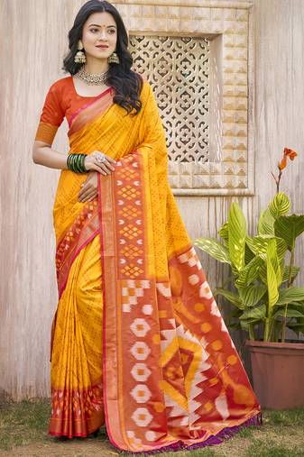 Yellow red pochampalli silk blend saree with ikat woven pallu