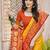 Yellow red pochampalli silk blend saree with ikat woven pallu