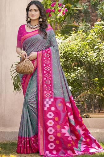 Grey magenta pochampalli silk blend saree with ikat woven pallu