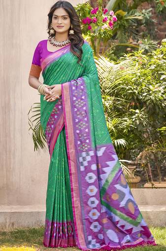 Sea green violet pochampalli silk blend saree with ikat woven pallu
