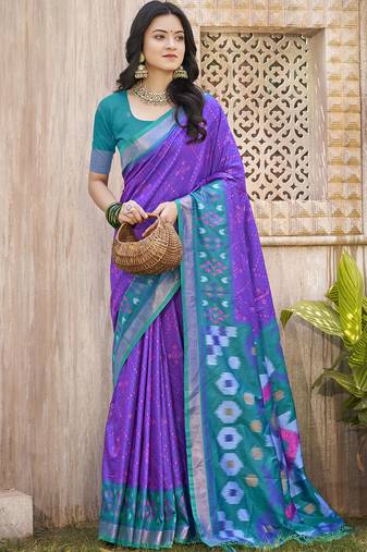 Violet sky blue pochampalli silk blend saree with ikat woven pallu