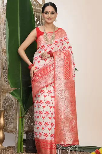 woven linen cotton saree with zari border