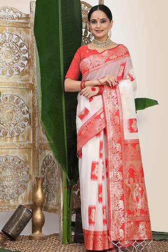 Premium woven linen cotton saree with traditional zari border elegant festive look perfect for durga puja sari