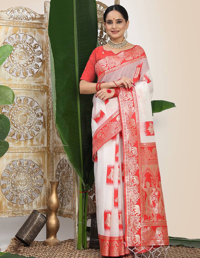 Premium woven linen cotton saree with traditional zari border elegant festive look perfect for durga puja sari