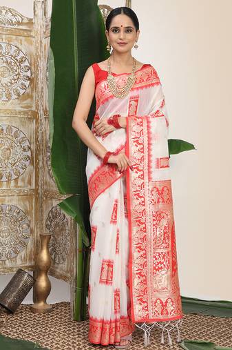 woven linen cotton saree with zari border