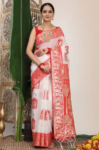 woven linen cotton saree with zari border