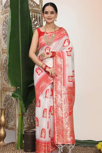 woven linen cotton saree with zari border