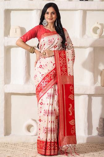Elegant woven linen cotton saree for durga puja diwali | ethnic motif design with rich zari border festive sari