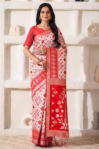 ethnic motif woven linen cotton saree with zari border