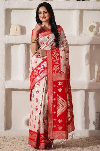 ethnic motif woven linen cotton saree with zari border