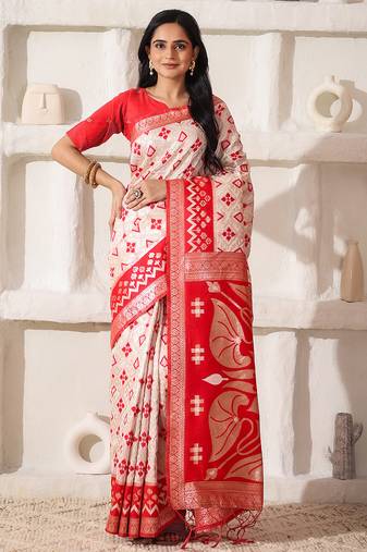 ethnic motif woven linen cotton saree with zari border