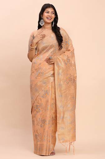 Elegant orange linen cotton saree with floral weave & soft gold pallu graceful choice for casual, office & festive looks