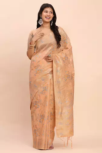 Elegant orange linen cotton saree with floral weave & soft gold pallu graceful choice for casual, office & festive looks