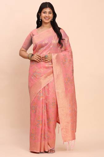 peach floral weave linen cotton saree with soft gold pallu
