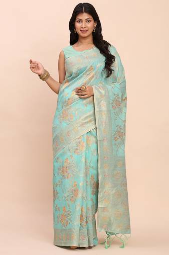 light green floral weave linen cotton saree with soft gold pallu