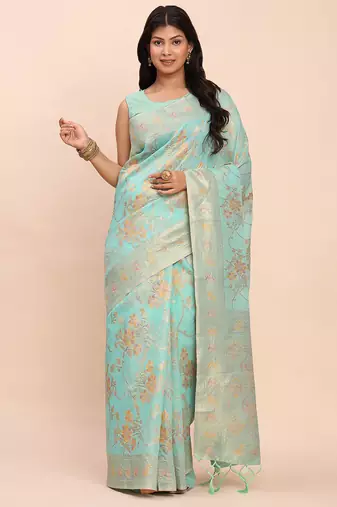 light green floral weave linen cotton saree with soft gold pallu