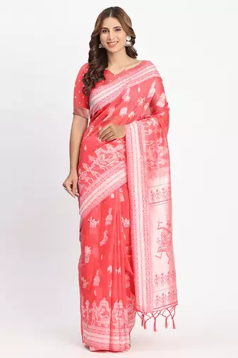 Linen cotton saree with butta weaving tassel pallu