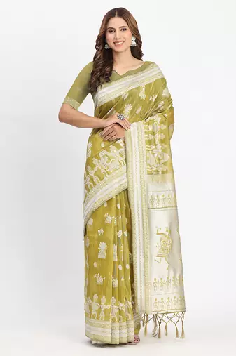 Linen cotton saree with butta weaving tassel pallu