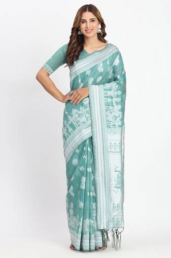 Linen cotton saree with butta weaving tassel pallu