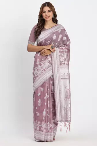Linen cotton saree with butta weaving tassel pallu