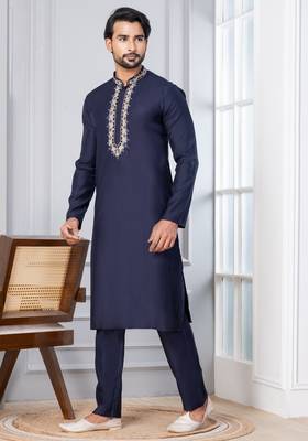 Blue Blended Cotton kurta pyjama set 1