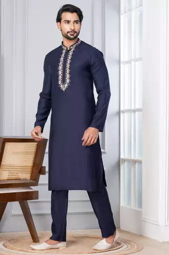 Blue Blended Cotton kurta pyjama set