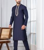 Blue Blended Cotton kurta pyjama set
