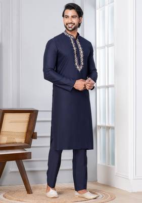 Blue Blended Cotton kurta pyjama set 2