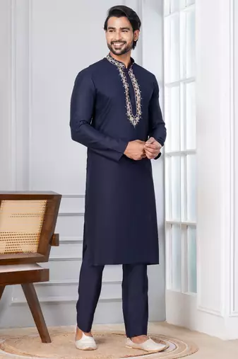 Blue Blended Cotton kurta pyjama set