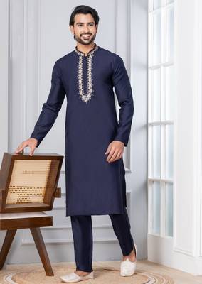 Blue Blended Cotton kurta pyjama set 3
