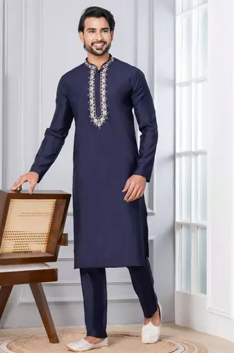 Blue Blended Cotton kurta pyjama set
